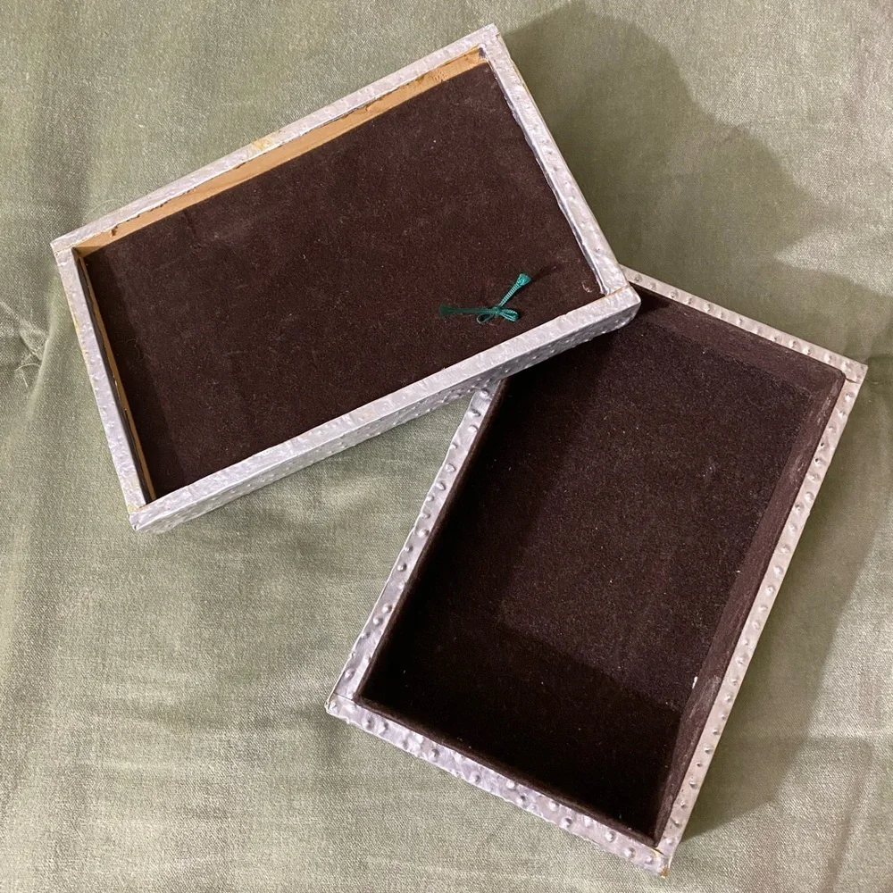 Vintage pewter covered wooden jewelry box with raised roses on top #05